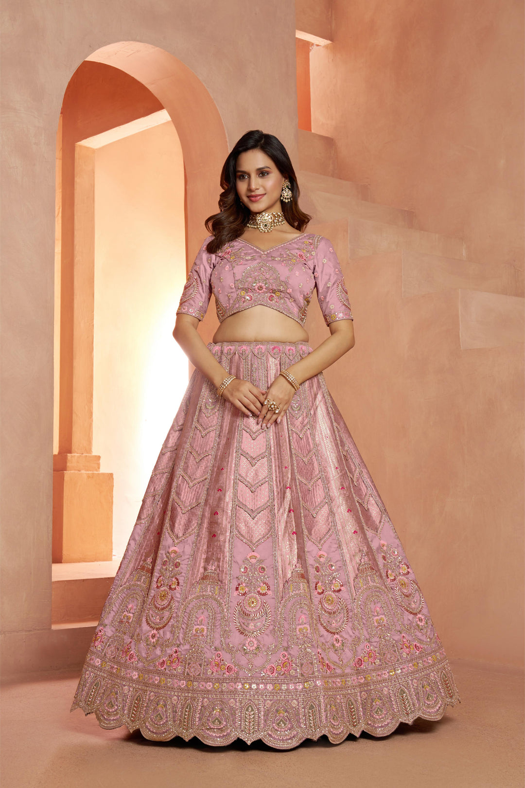 Premium Pink Banarasi Bridal Lehenga with Soft Pastel Tones | SHOBITAM