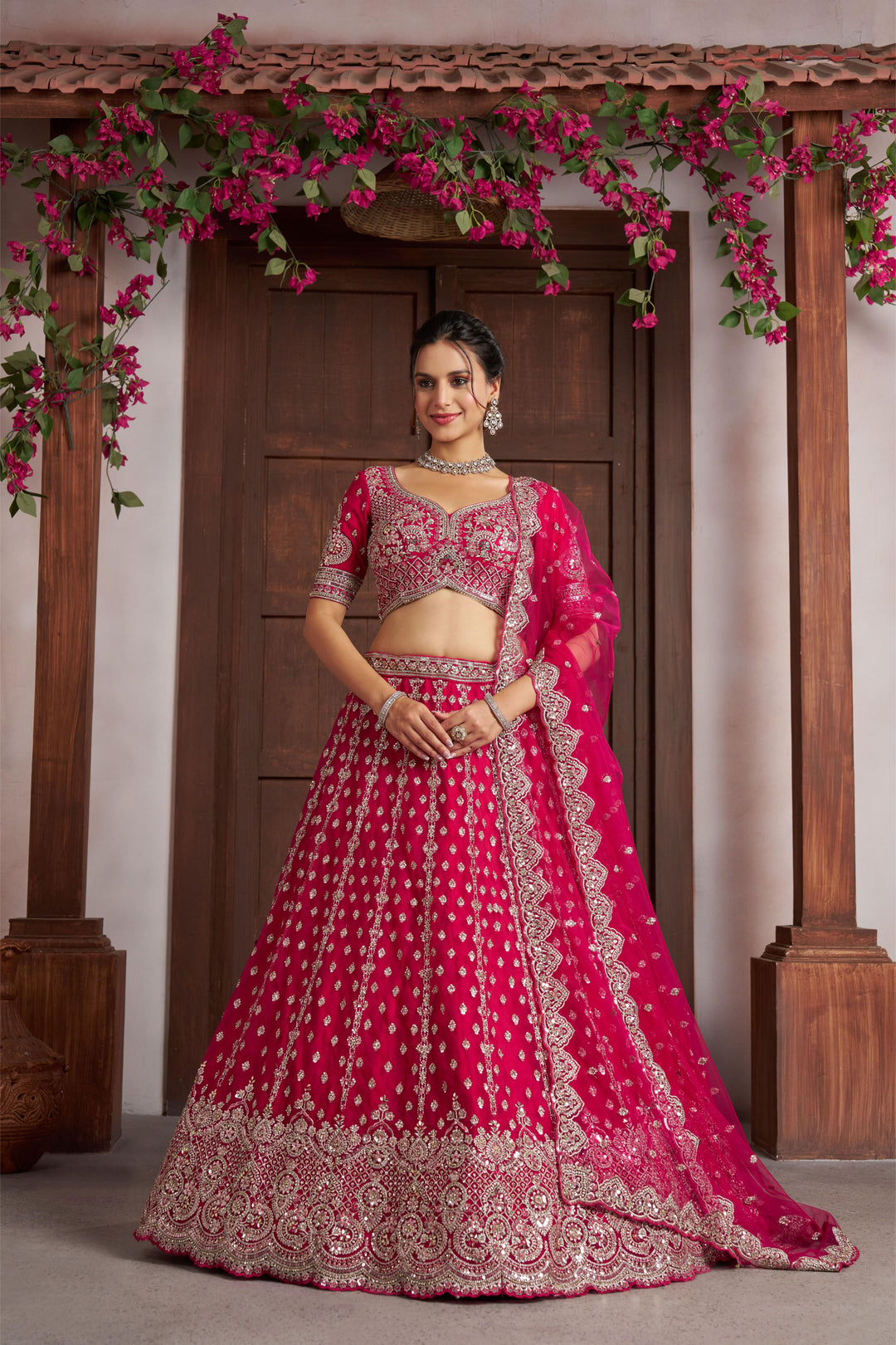 Elegant Rani Pink Lehenga with Heavy Silver zari and Beads Detailing. | SHOBITAM