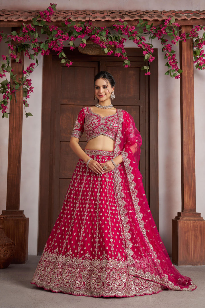 Elegant Rani Pink Lehenga with Heavy Silver zari and Beads Detailing. | SHOBITAM