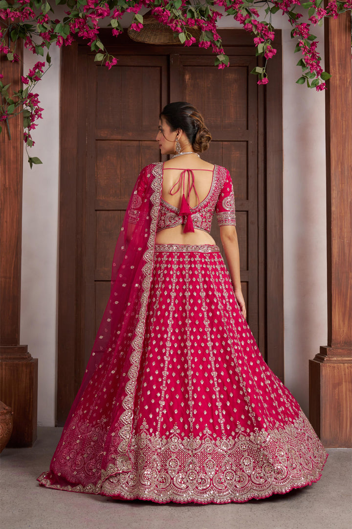 Elegant Rani Pink Lehenga with Heavy Silver zari and Beads Detailing. | SHOBITAM