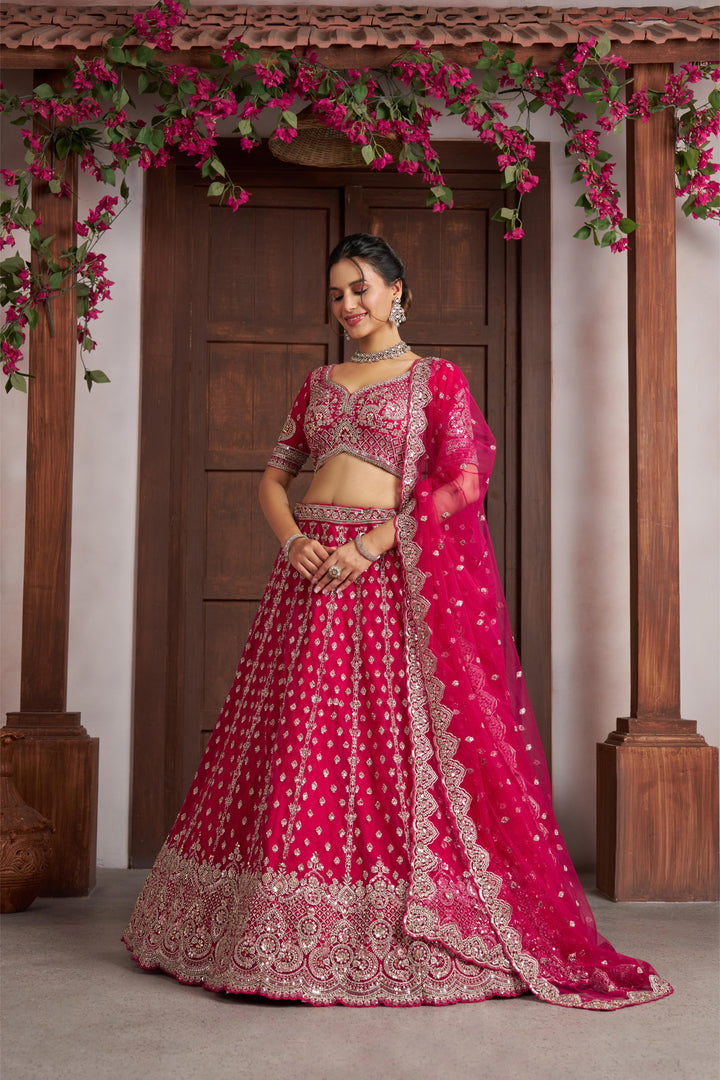 Elegant Rani Pink Lehenga with Heavy Silver zari and Beads Detailing. | SHOBITAM