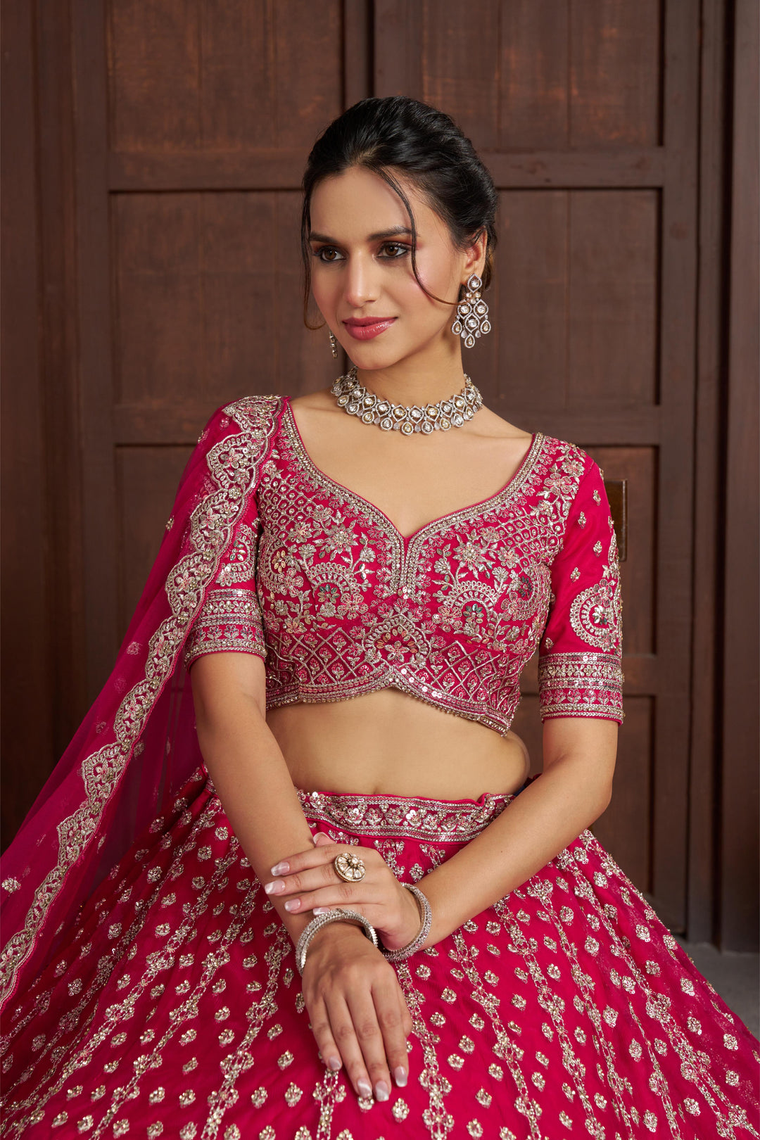 Elegant Rani Pink Lehenga with Heavy Silver zari and Beads Detailing. | SHOBITAM