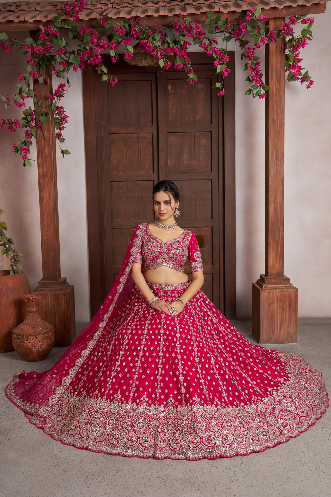 Elegant Rani Pink Lehenga with Heavy Silver zari and Beads Detailing. | SHOBITAM