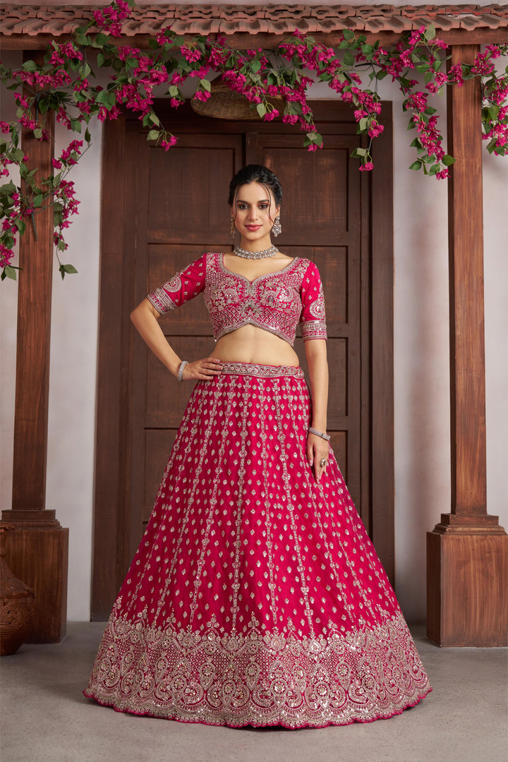 Elegant Rani Pink Lehenga with Heavy Silver zari and Beads Detailing. | SHOBITAM