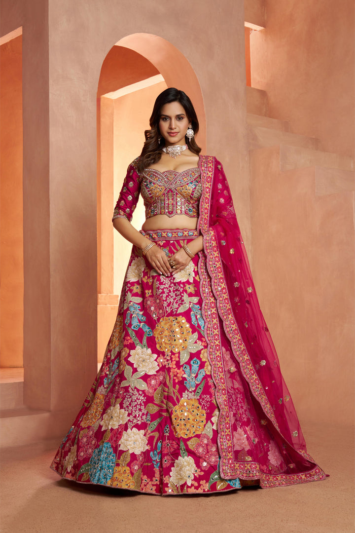 Glamorous Lehenga with All-Over Mirror Embellishments & Floral Artistry | SHOBITAM