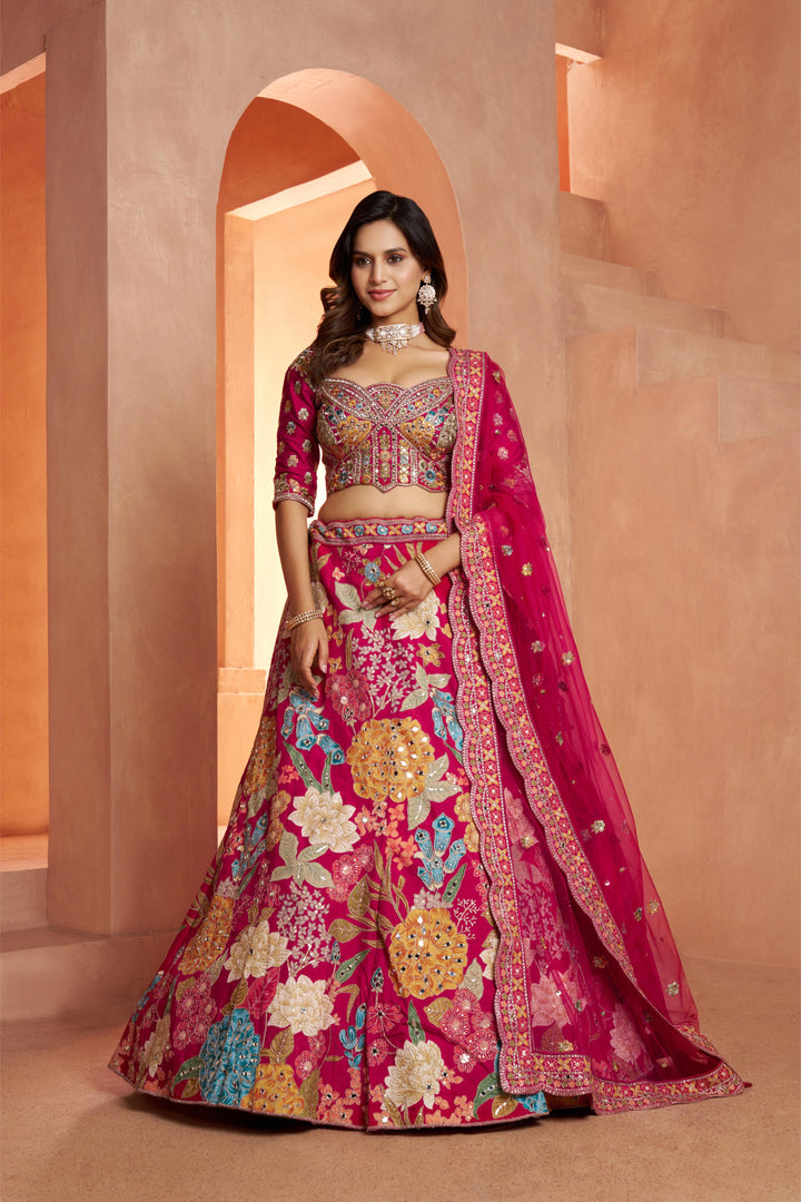 Glamorous Lehenga with All-Over Mirror Embellishments & Floral Artistry | SHOBITAM