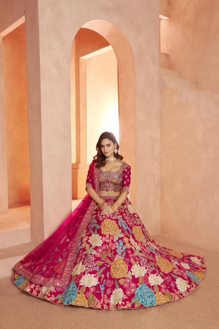 Glamorous Lehenga with All-Over Mirror Embellishments & Floral Artistry | SHOBITAM