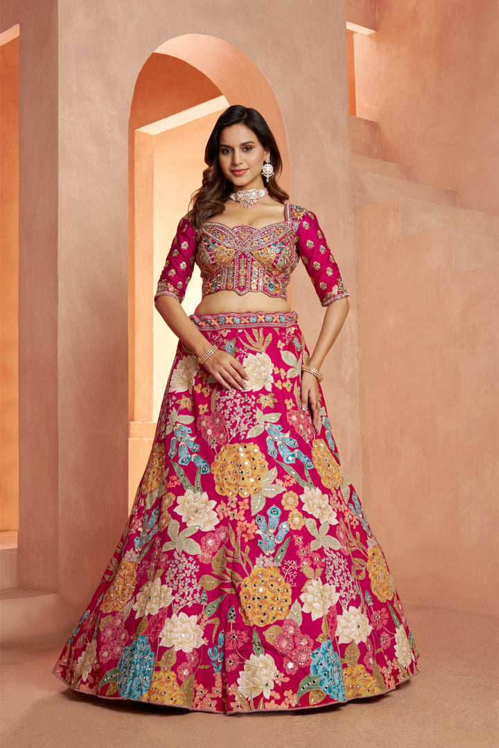 Glamorous Lehenga with All-Over Mirror Embellishments & Floral Artistry | SHOBITAM