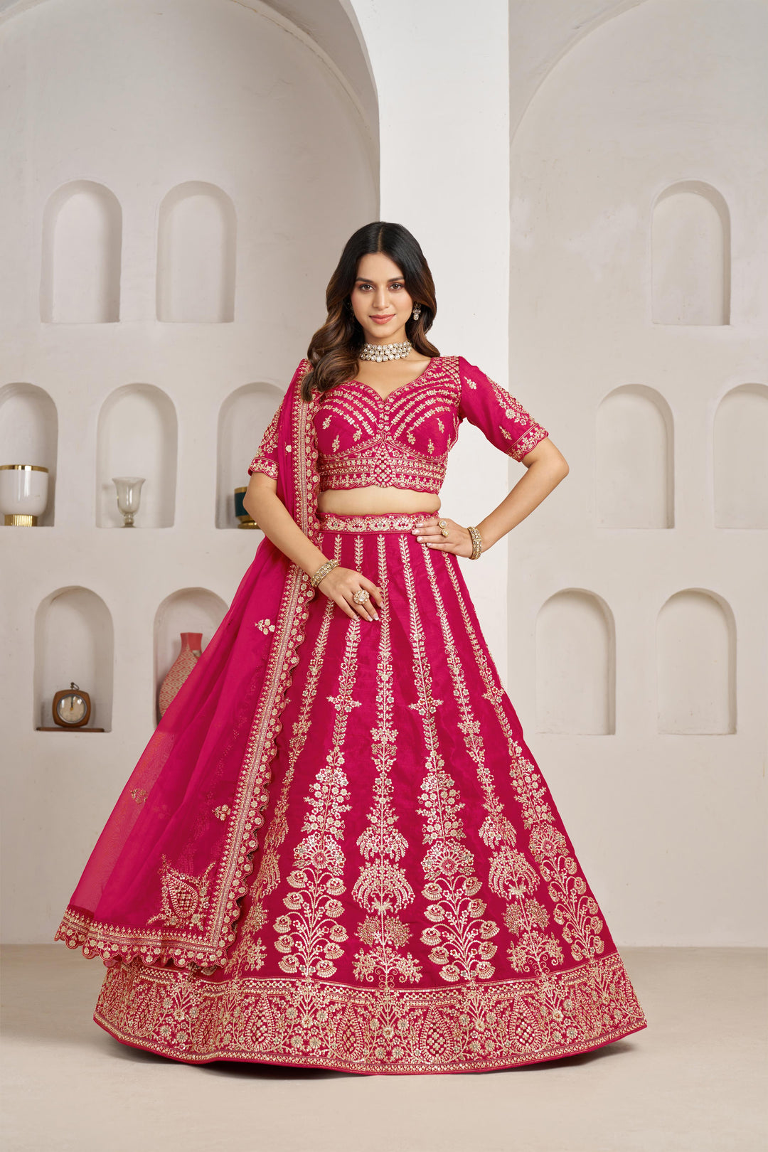 Classic Rani Silk Bridal Lehenga with Floral Zari Embroidery | SHOBITAM