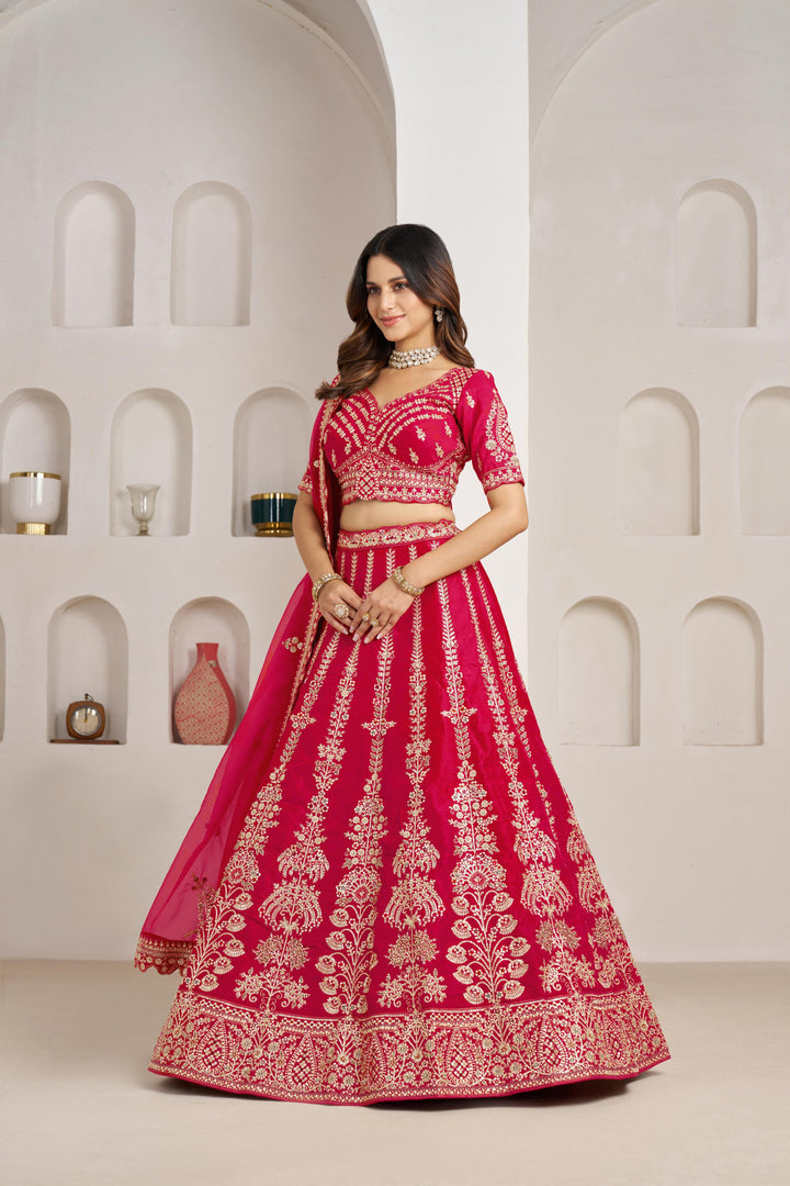 Classic Rani Silk Bridal Lehenga with Floral Zari Embroidery | SHOBITAM