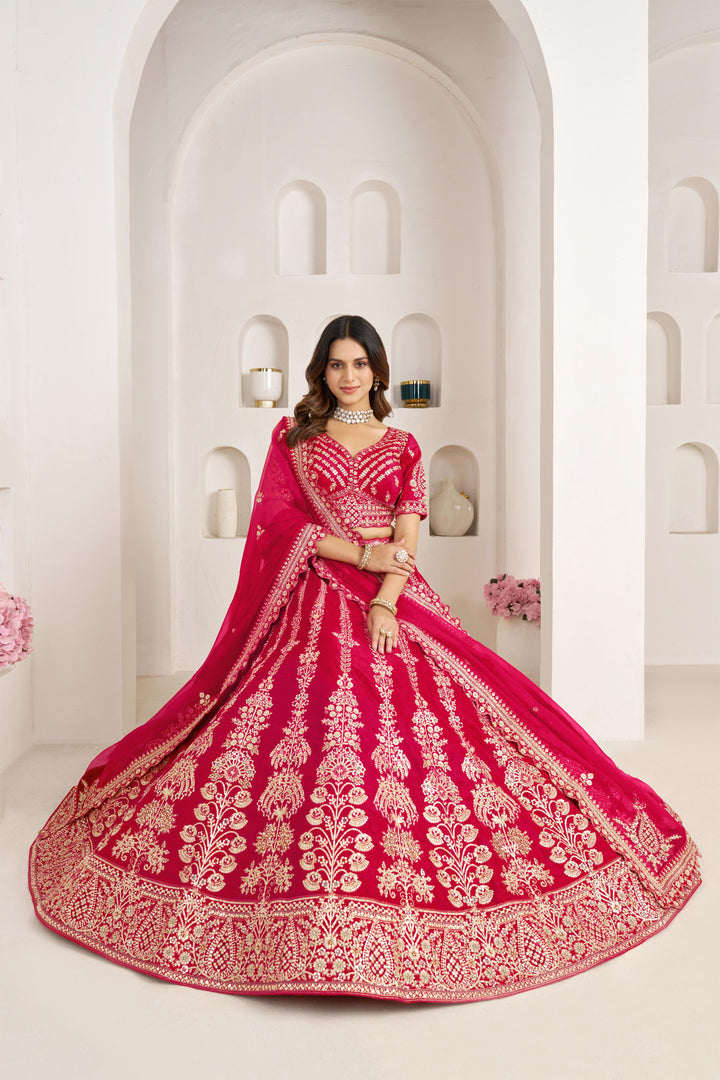 Classic Rani Silk Bridal Lehenga with Floral Zari Embroidery | SHOBITAM