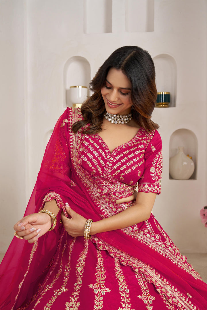 Classic Rani Silk Bridal Lehenga with Floral Zari Embroidery | SHOBITAM