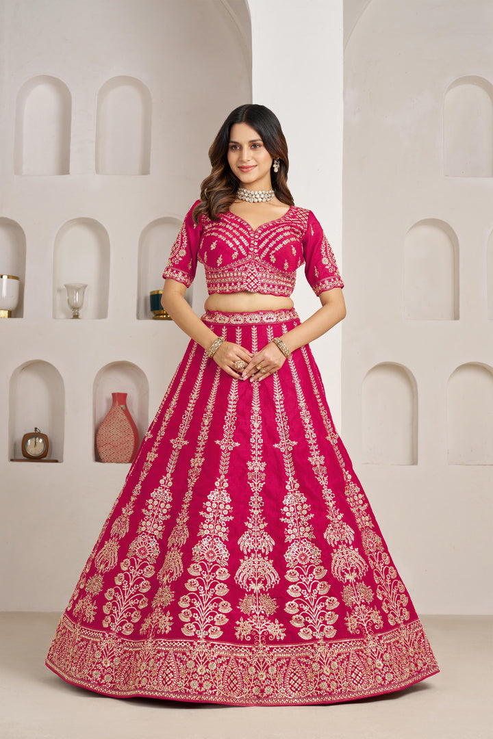 Classic Rani Silk Bridal Lehenga with Floral Zari Embroidery | SHOBITAM
