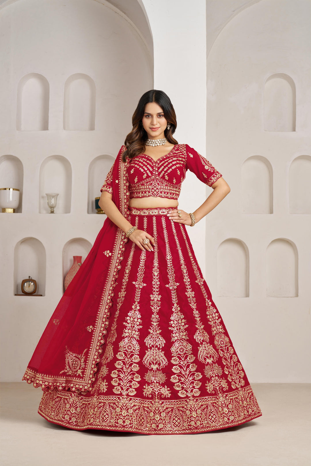 Red Wedding Lehenga Adorned with Floral Zari Embroidery | SHOBITAM