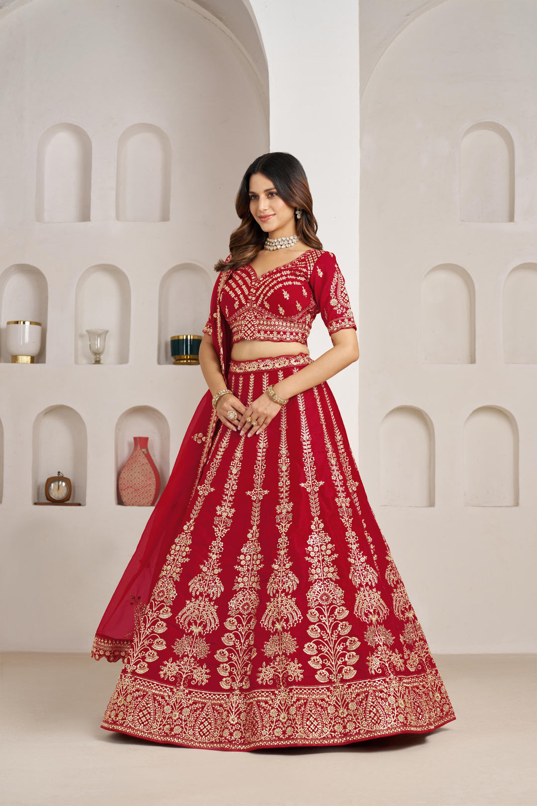 Red Wedding Lehenga Adorned with Floral Zari Embroidery | SHOBITAM