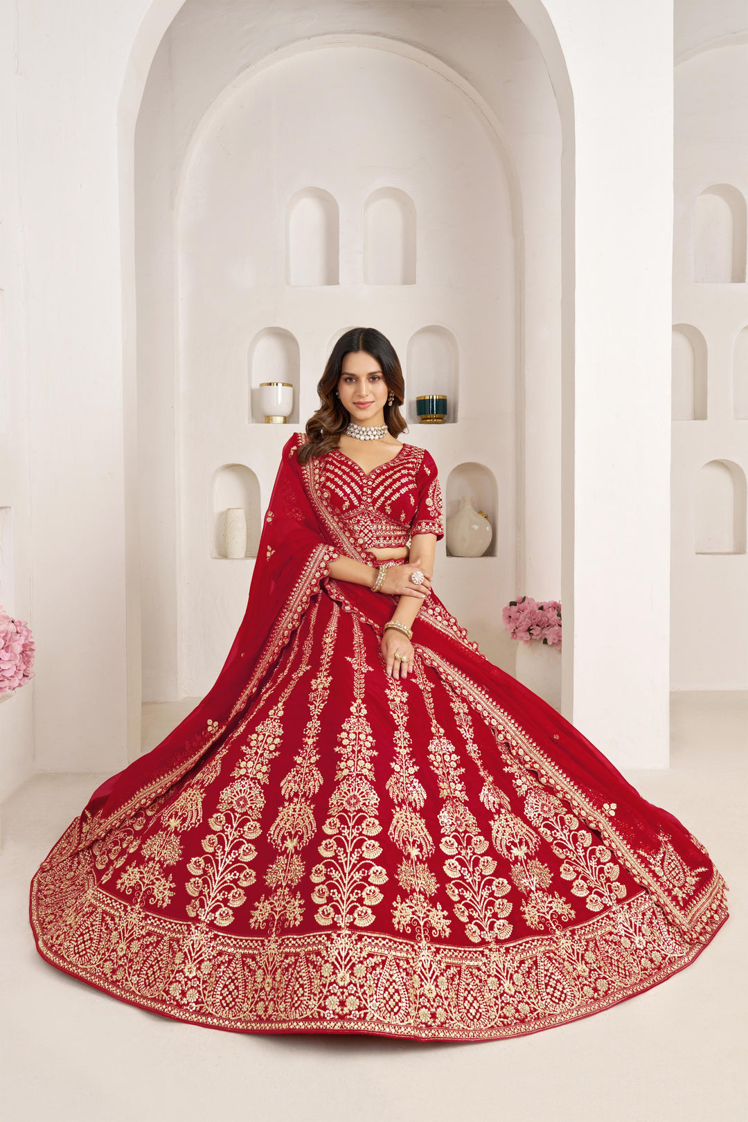 Red Wedding Lehenga Adorned with Floral Zari Embroidery | SHOBITAM