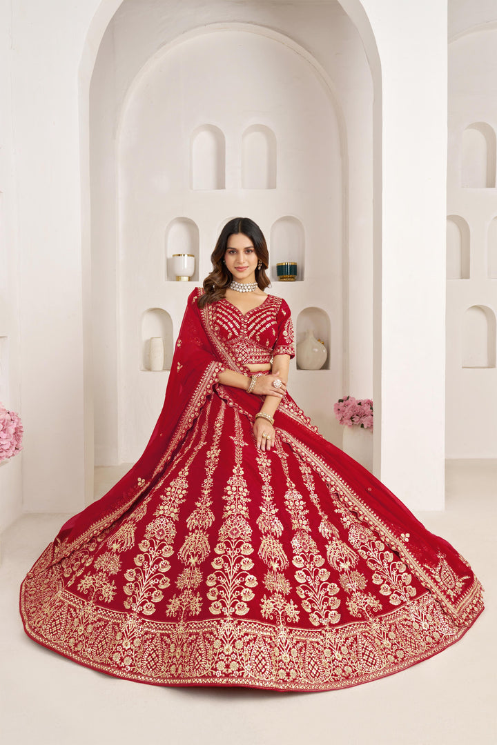 Red Wedding Lehenga Adorned with Floral Zari Embroidery | SHOBITAM
