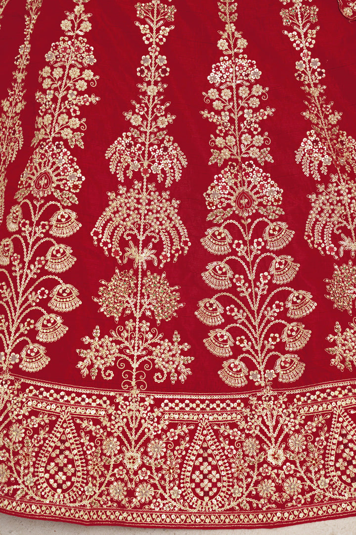 Red Wedding Lehenga Adorned with Floral Zari Embroidery | SHOBITAM