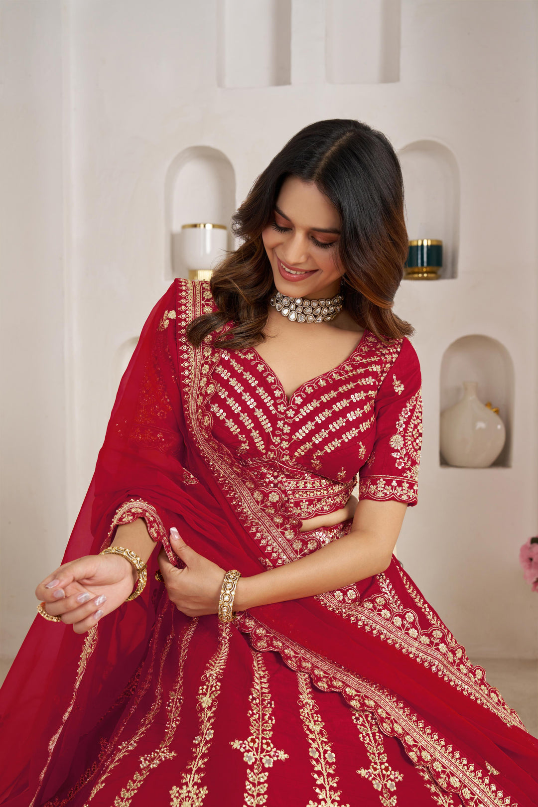 Red Wedding Lehenga Adorned with Floral Zari Embroidery | SHOBITAM