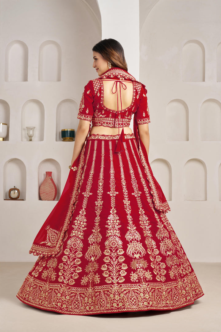 Red Wedding Lehenga Adorned with Floral Zari Embroidery | SHOBITAM