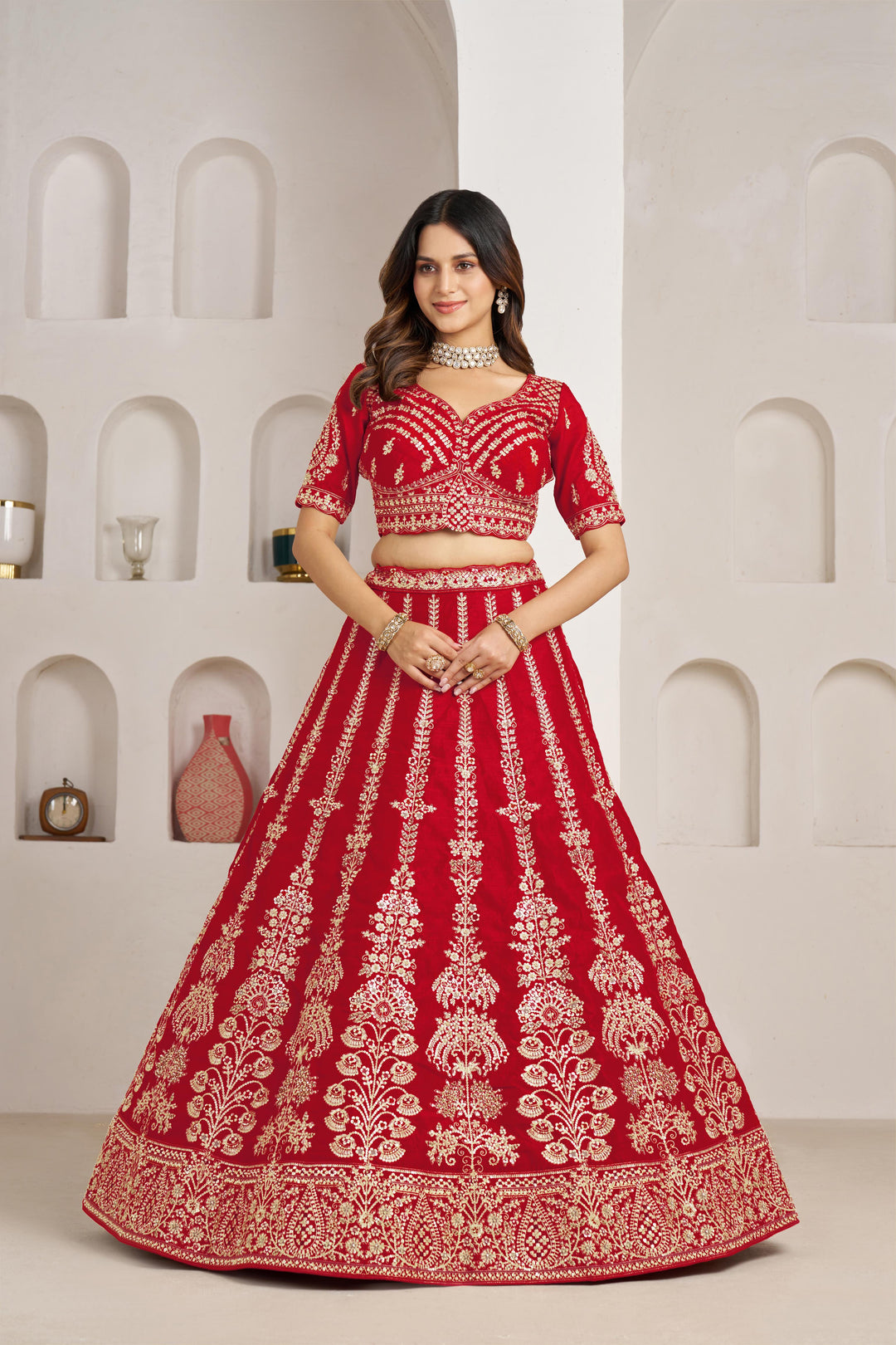 Red Wedding Lehenga Adorned with Floral Zari Embroidery | SHOBITAM