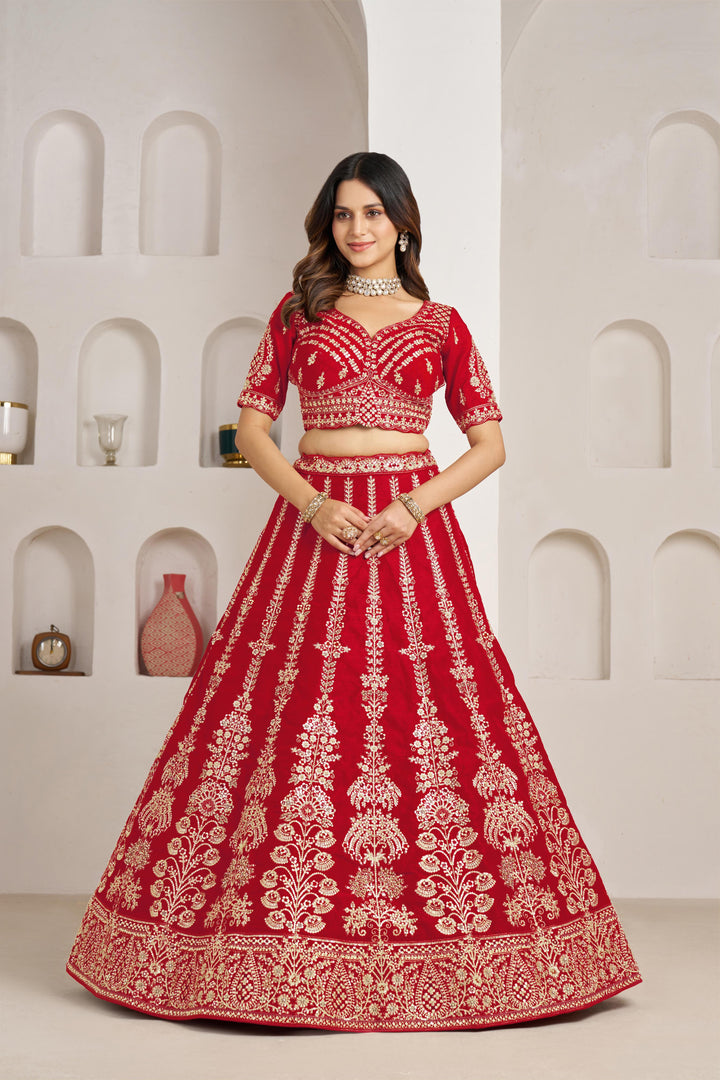 Red Wedding Lehenga Adorned with Floral Zari Embroidery | SHOBITAM