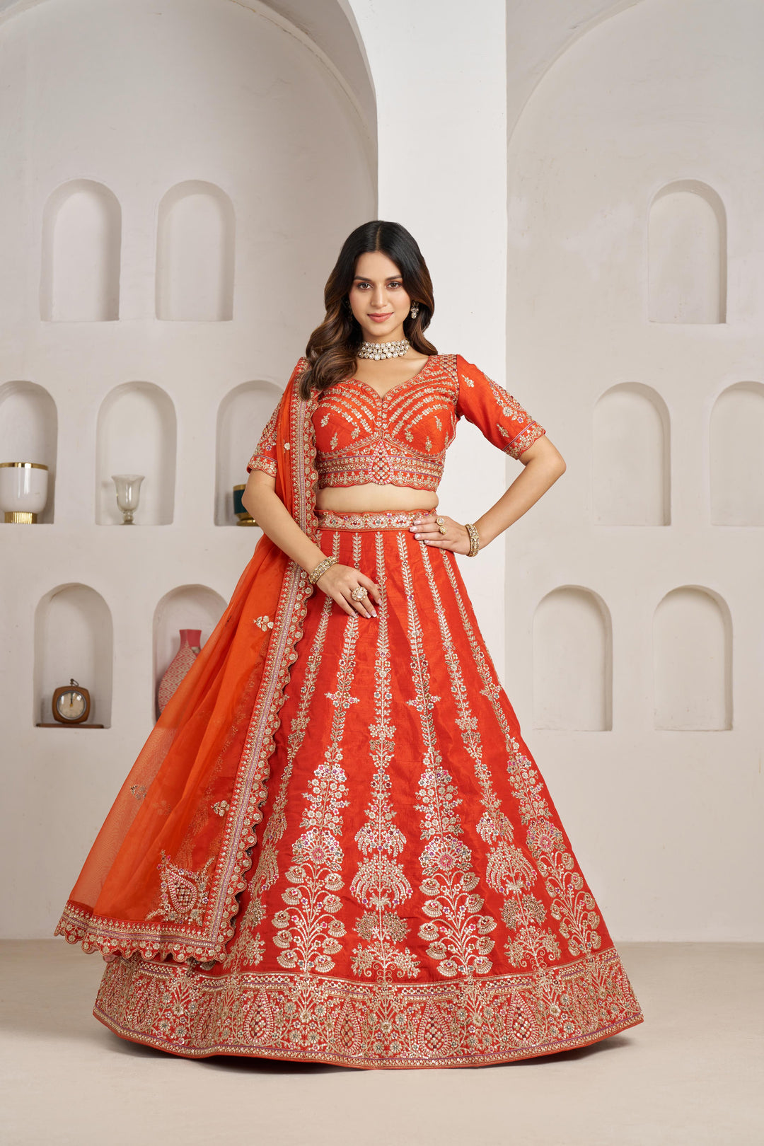 Graceful Rust Lehenga with Intricate Floral Embroidery | SHOBITAM
