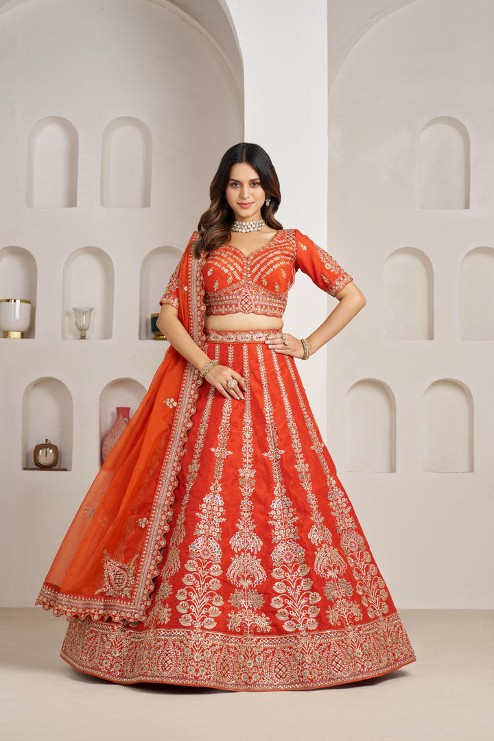 Graceful Rust Lehenga with Intricate Floral Embroidery | SHOBITAM