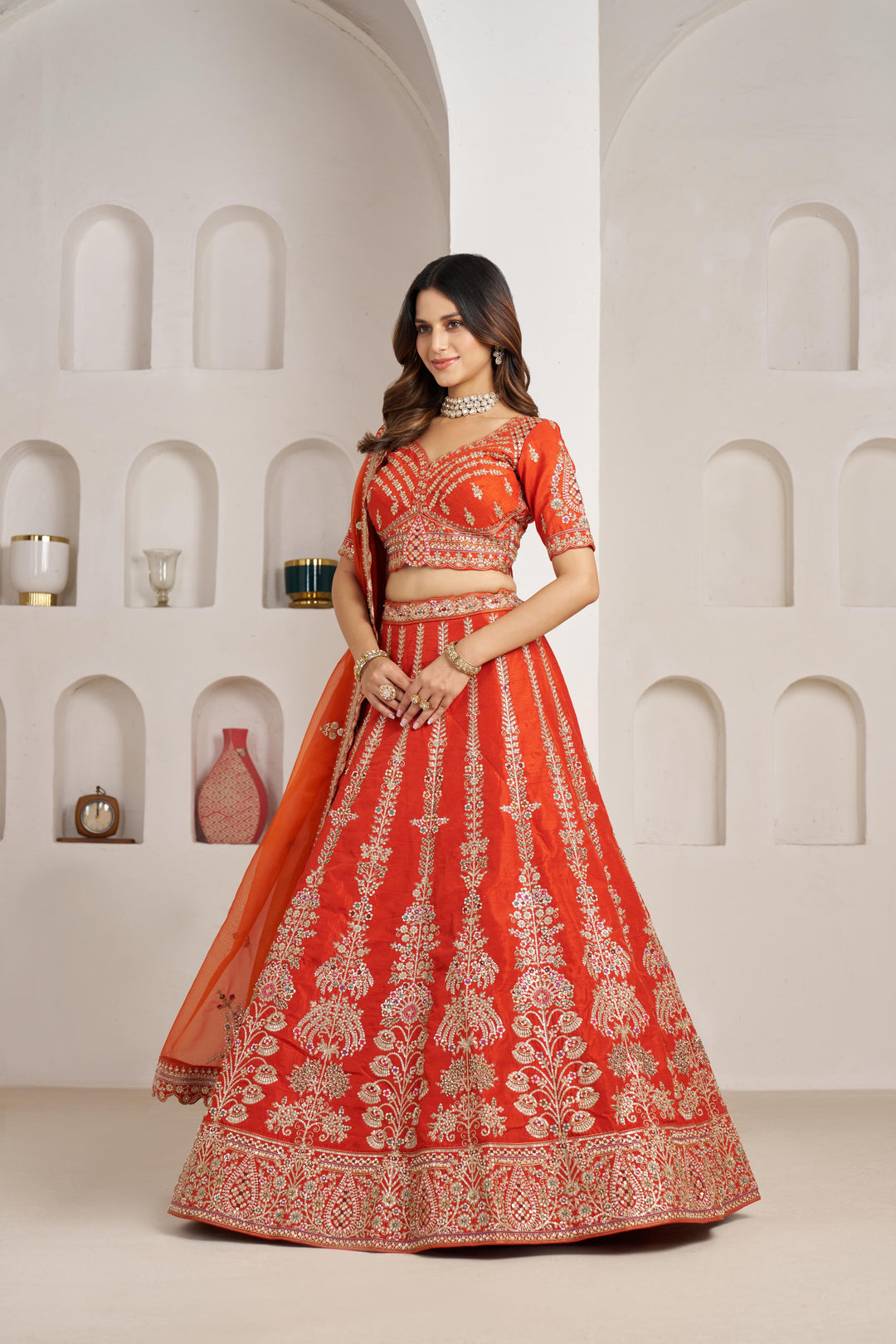 Graceful Rust Lehenga with Intricate Floral Embroidery | SHOBITAM