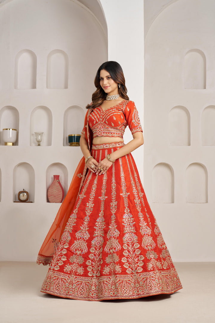 Graceful Rust Lehenga with Intricate Floral Embroidery | SHOBITAM