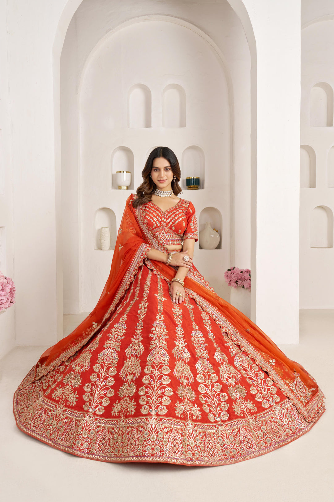 Graceful Rust Lehenga with Intricate Floral Embroidery | SHOBITAM