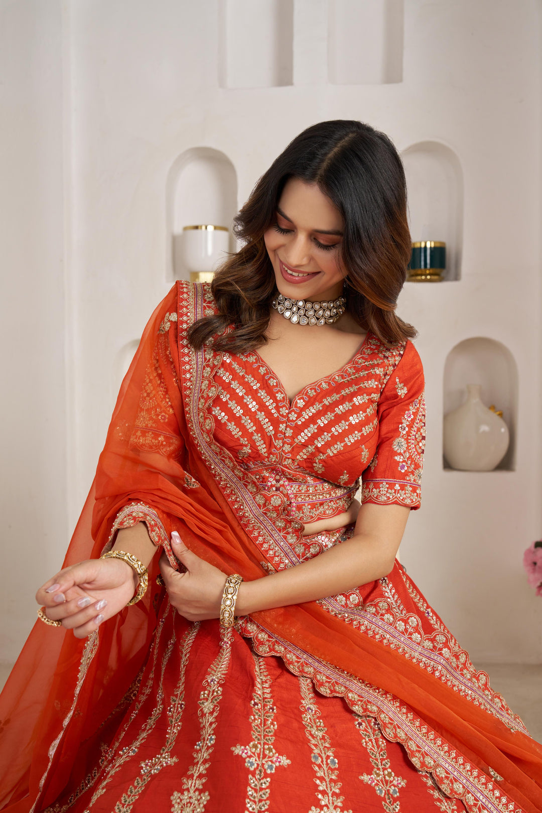 Graceful Rust Lehenga with Intricate Floral Embroidery | SHOBITAM