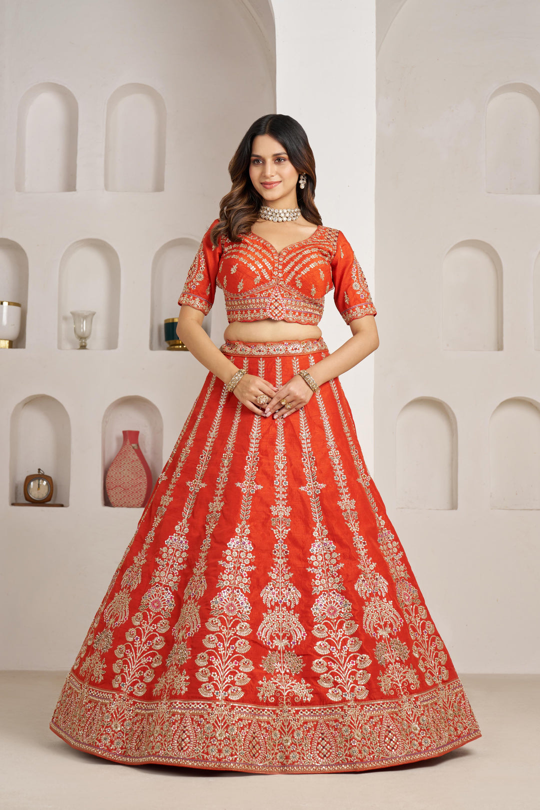 Graceful Rust Lehenga with Intricate Floral Embroidery | SHOBITAM