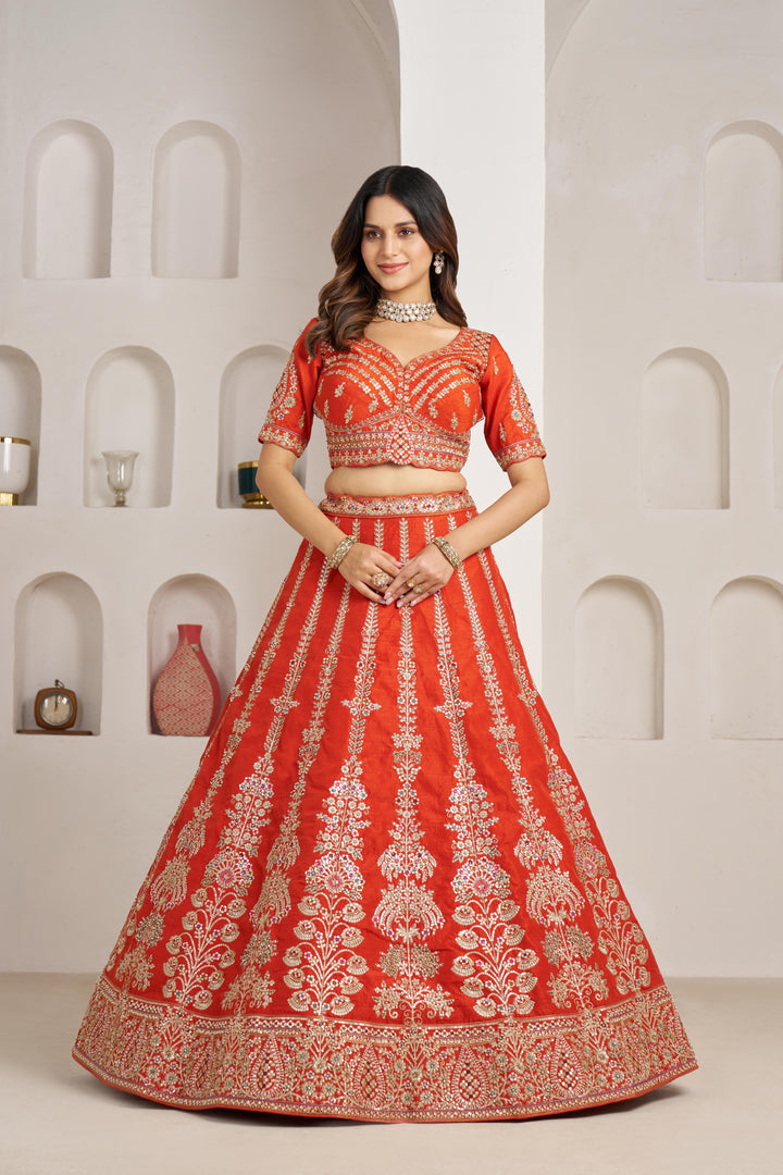 Graceful Rust Lehenga with Intricate Floral Embroidery | SHOBITAM