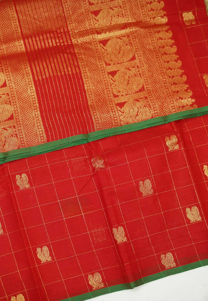 Semi Silk Chilli Red Saree with Zari buttas | SHOBITAM