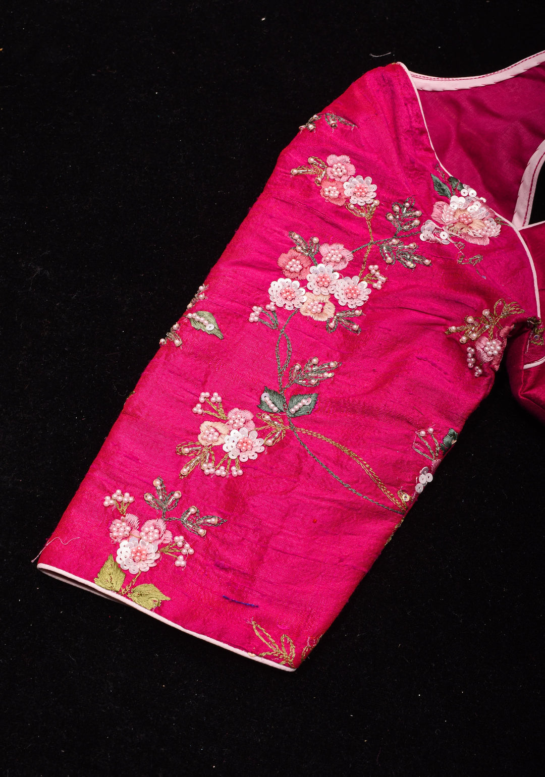 Pure Raw Silk blouse with Exquisite Moti and floral embroidery in Rani Pink,  Made to Order