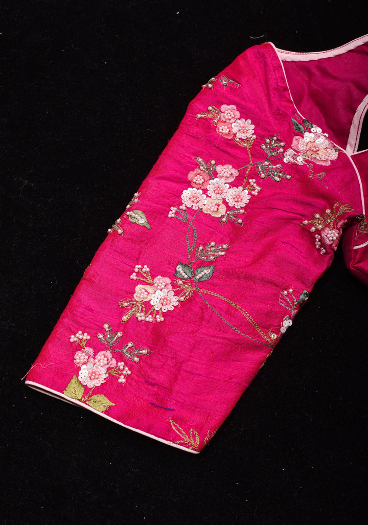 Pure Raw Silk blouse with Exquisite Moti and floral embroidery in Rani Pink,  Made to Order