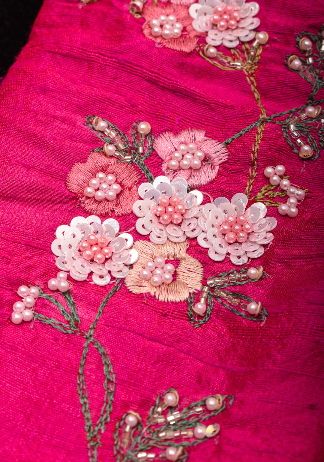 Pure Raw Silk blouse with Exquisite Moti and floral embroidery in Rani Pink,  Made to Order