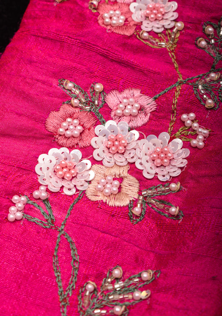 Pure Raw Silk blouse with Exquisite Moti and floral embroidery in Rani Pink,  Made to Order