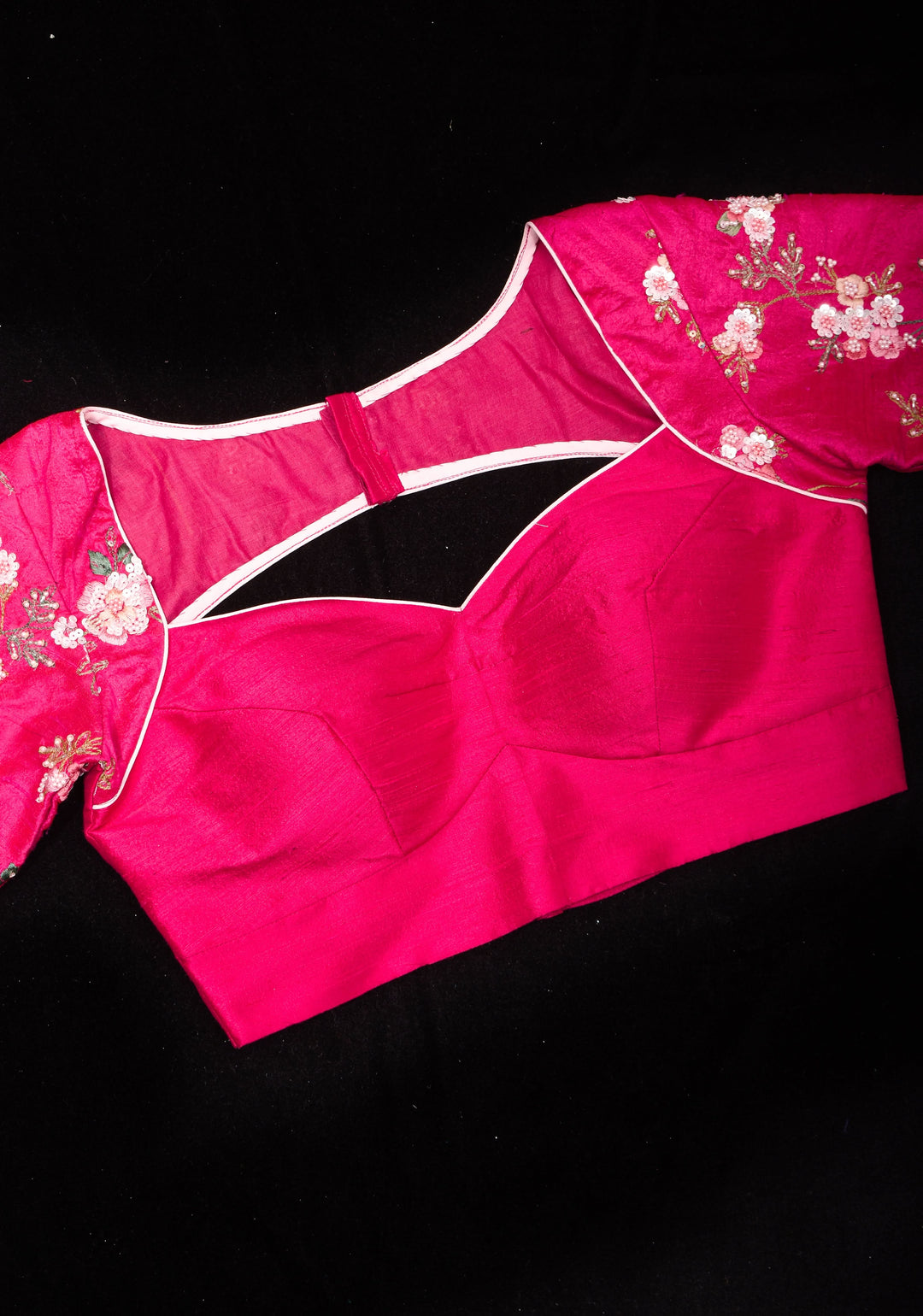 Pure Raw Silk blouse with Exquisite Moti and floral embroidery in Rani Pink,  Made to Order