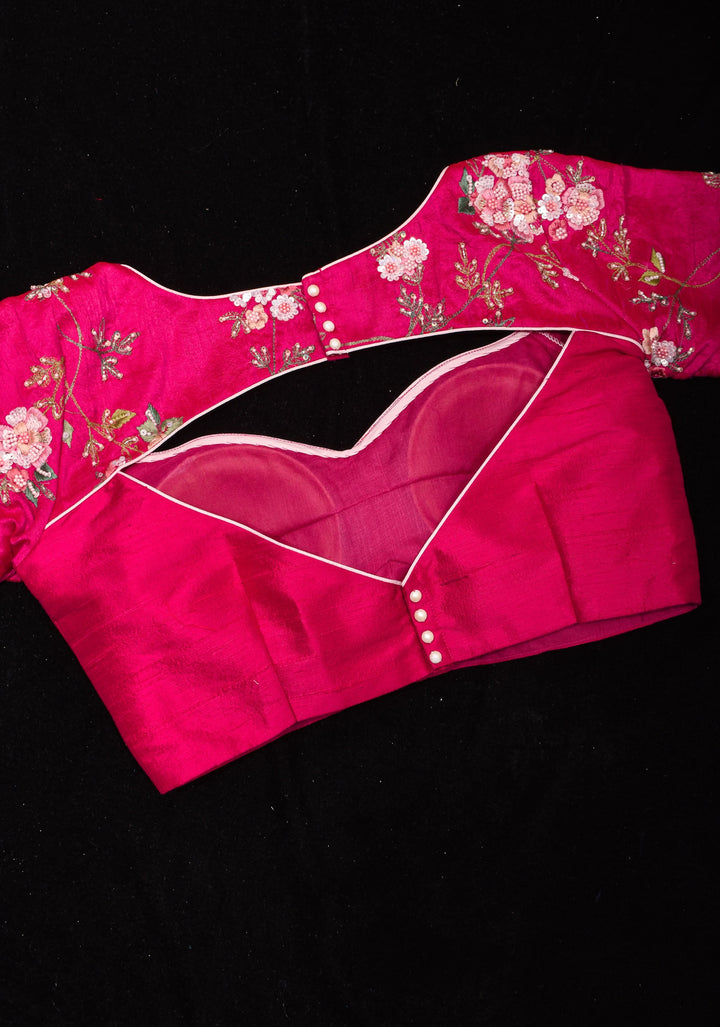 Pure Raw Silk blouse with Exquisite Moti and floral embroidery in Rani Pink,  Made to Order