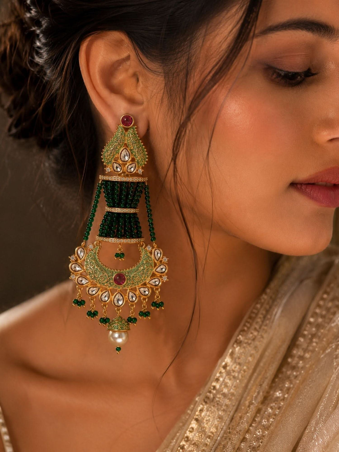 Green Kundan Chandbali Earrings – Wedding Wear | SHOBITAM