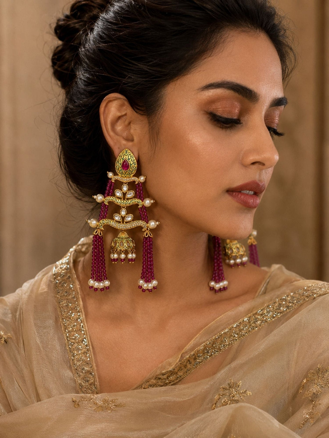Royal Pink Beaded Jhumka Tassel Earrings – Traditional Kundan Statement Earrings | SHOBITAM