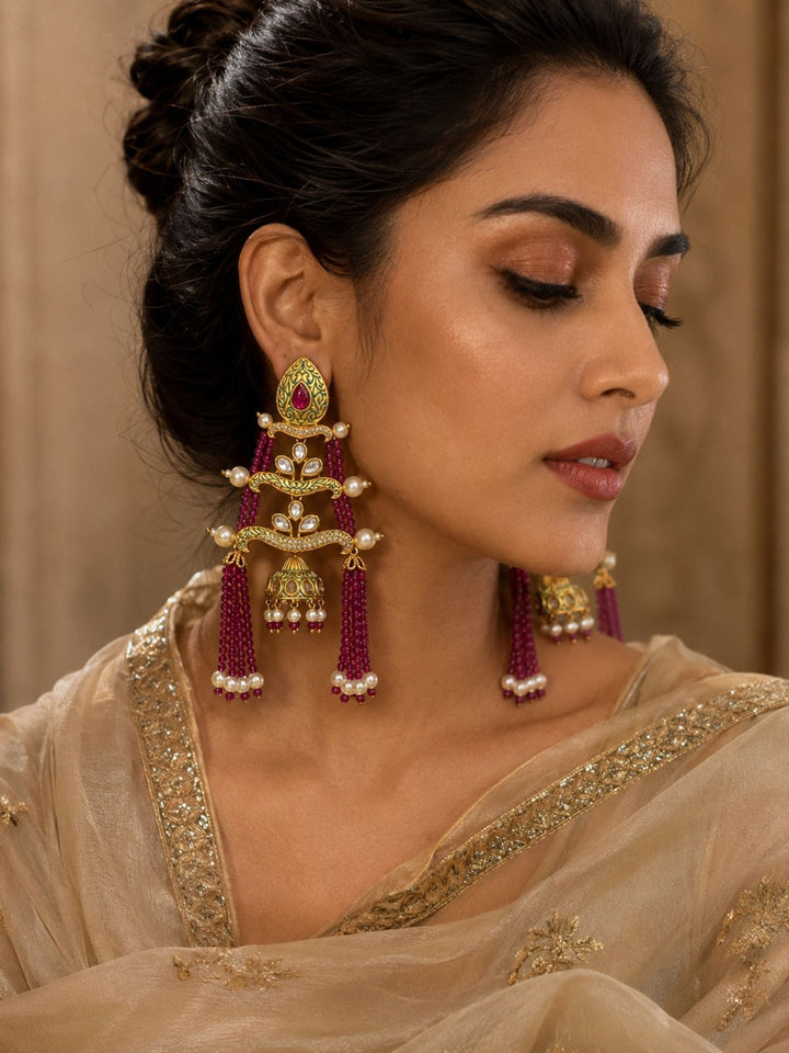 Royal Pink Beaded Jhumka Tassel Earrings – Traditional Kundan Statement Earrings | SHOBITAM