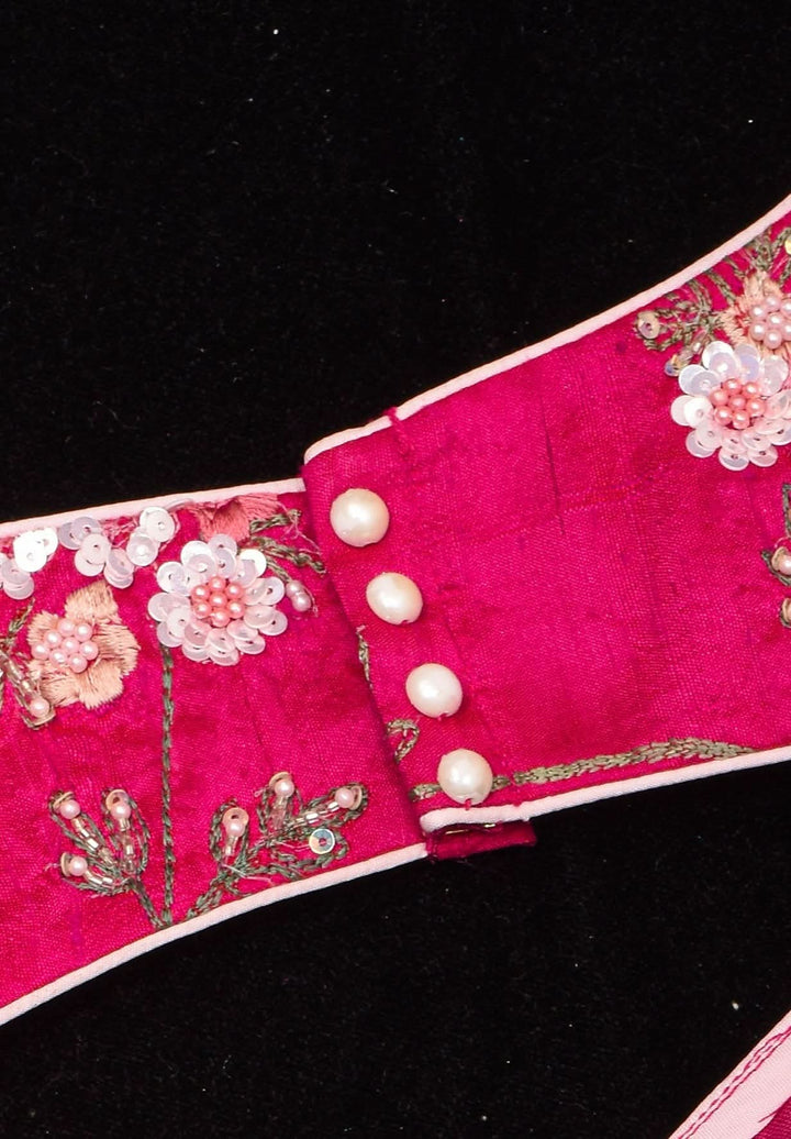 Pure Raw Silk blouse with Exquisite Moti and floral embroidery in Rani Pink,  Made to Order