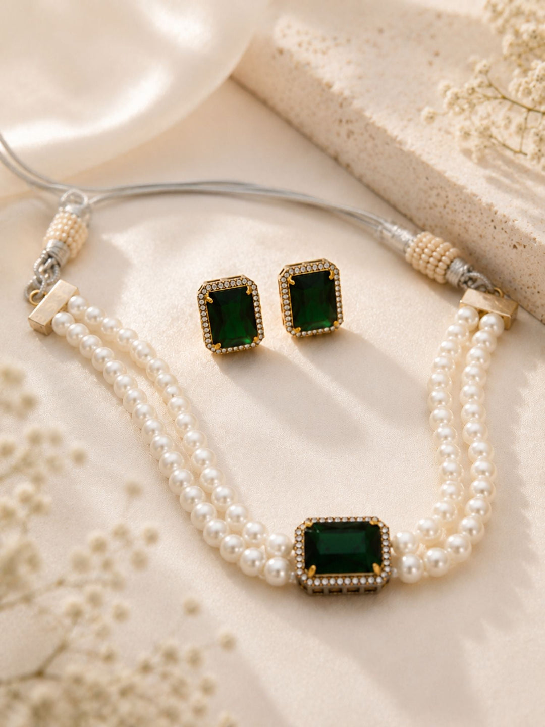 Minimal Oxidised Gold Emerald Pearl Choker Set | SHOBITAM