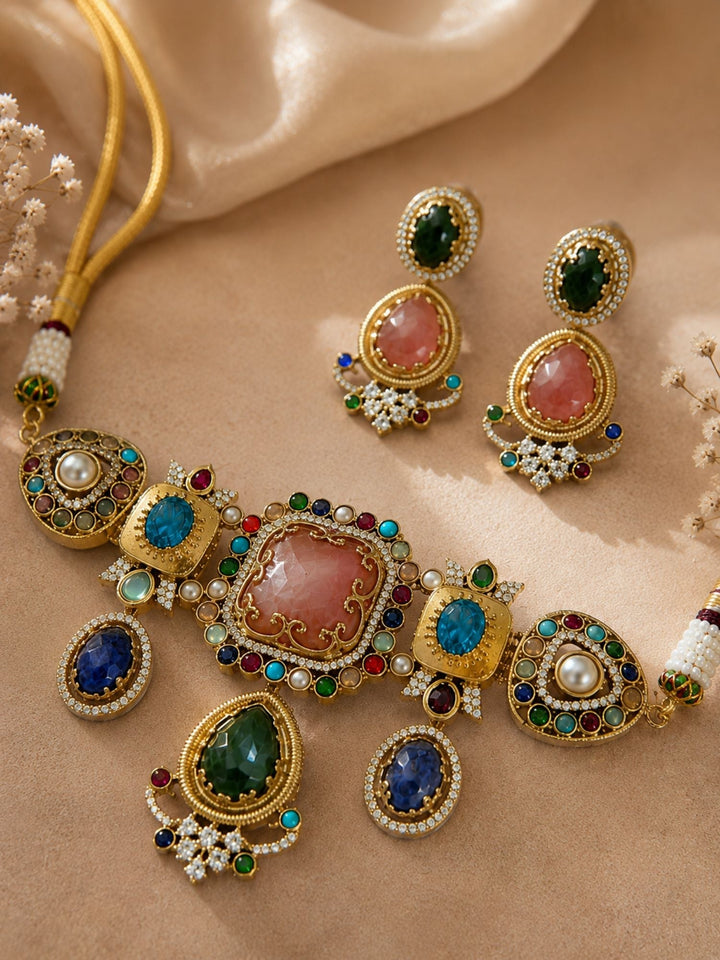 Royal Polki Multicolor Statement Gemstone Choker Set | SHOBITAM