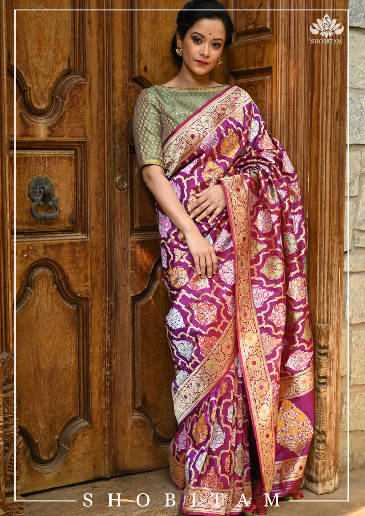 Authentic Kadhuwa Jungla Multi-color Meenakari Jaal Banarasi Silk Saree in Plum with Grand Pallu and Zari  | SILK MARK CERTIFIED
