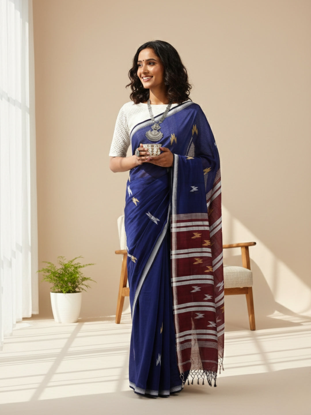 Blue & Red Handloom Cotton Jamdani Saree | SHOBITAM