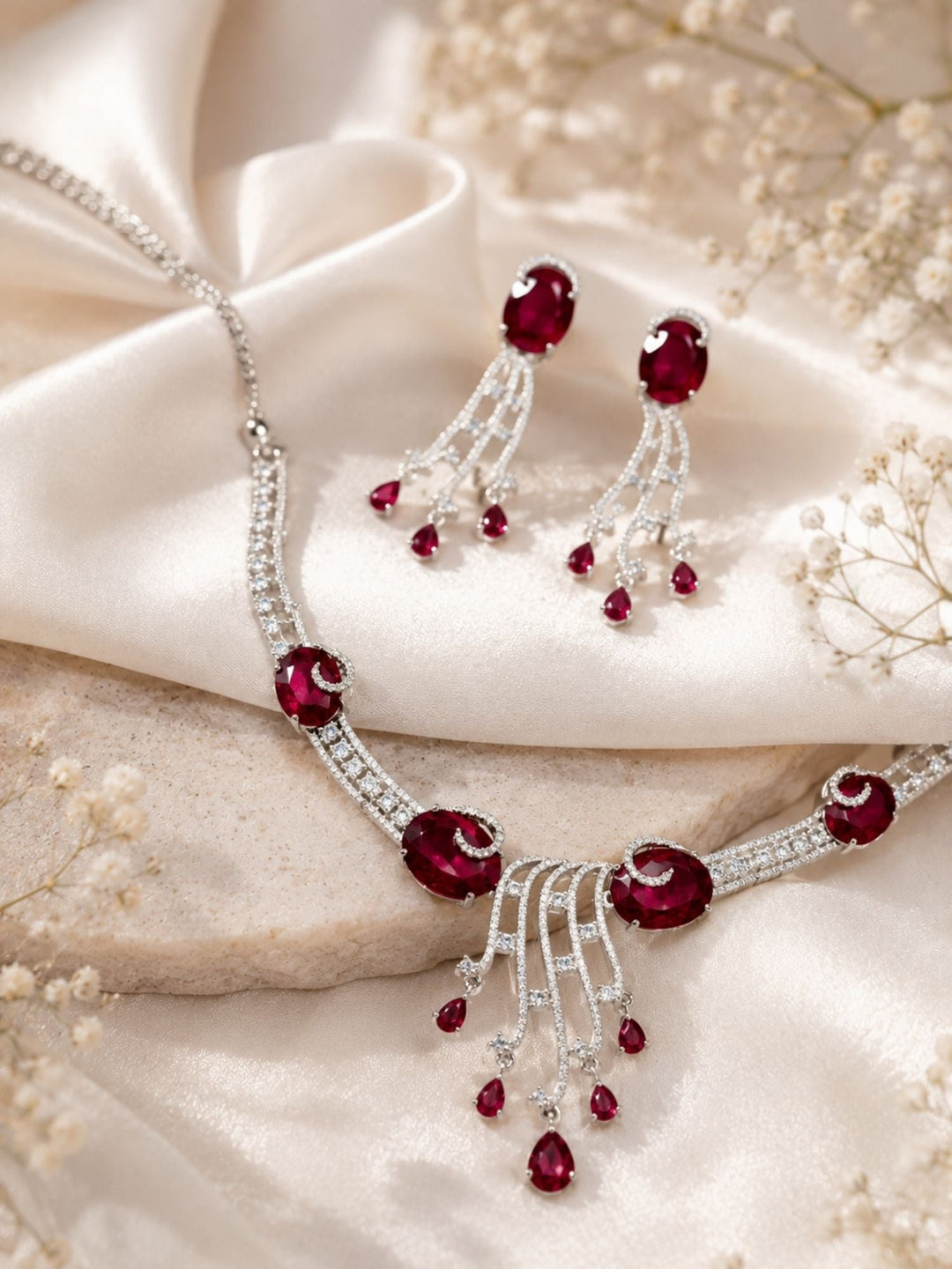 Silver Tone Cz Ruby Emerald and American Diamond Necklace Set | SHOBITAM